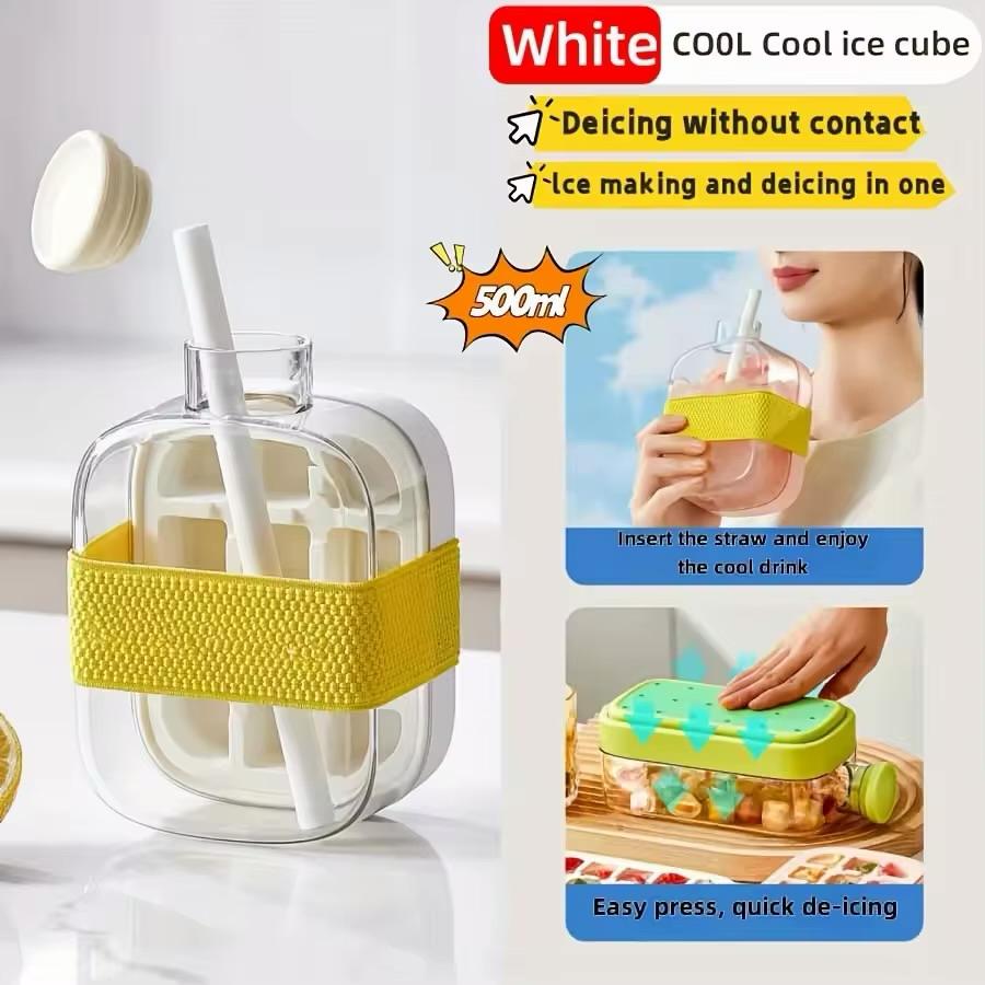 Large Capacity Ice Cube Maker Water Bottle Silicone Tray with Straw for Juice Beverage Cooling Stackable Design Durable Plastic