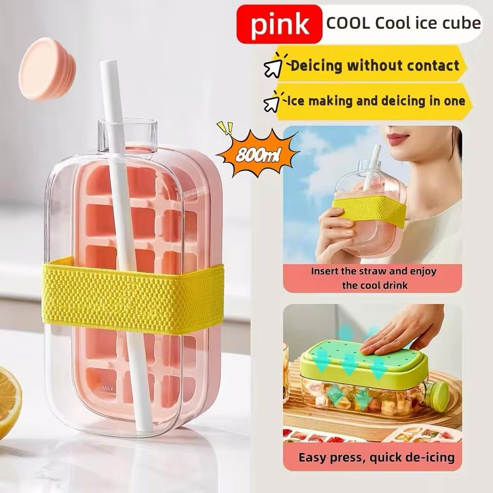 Large Capacity Ice Cube Maker Water Bottle Silicone Tray with Straw for Juice Beverage Cooling Stackable Design Durable Plastic
