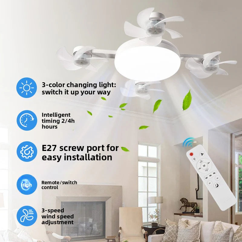 Socket Fan Light with Remote Control, 3 Colour Temperatures, 3 wind speeds, 4 Head